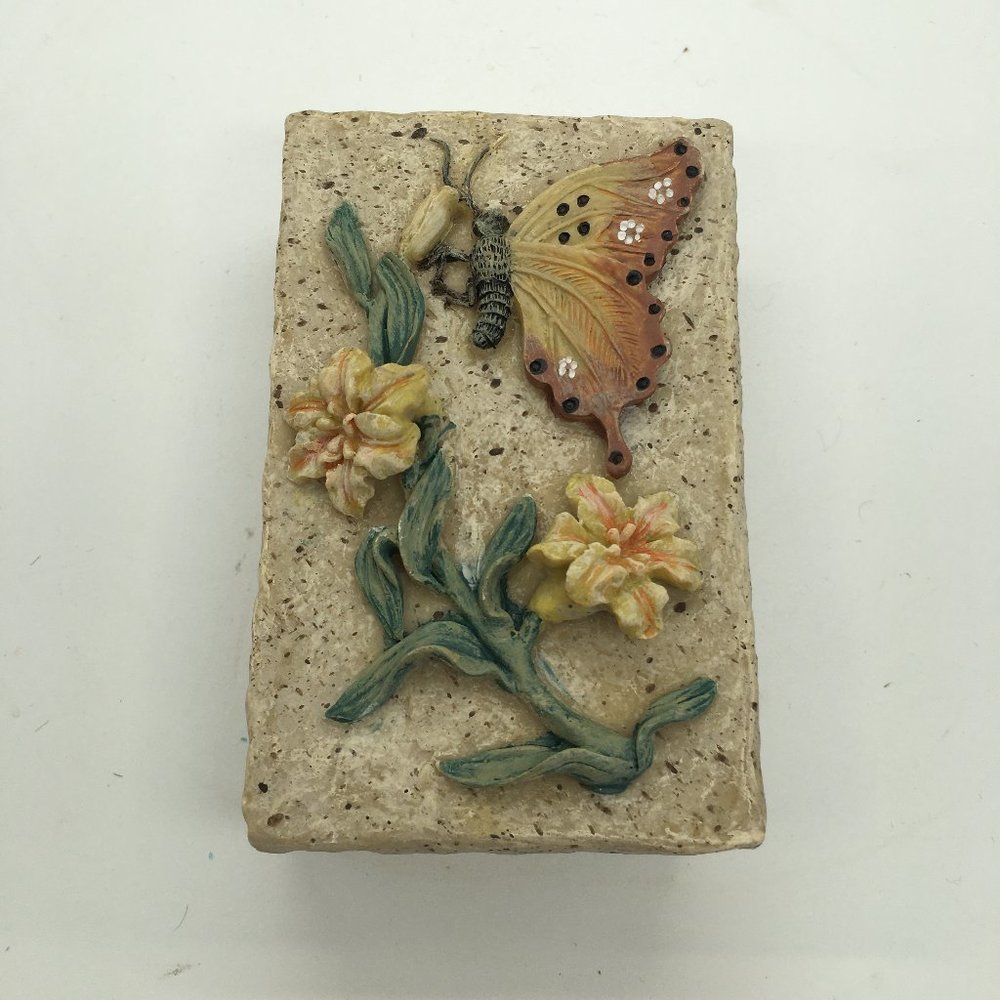 Stone Resin Jewelry Trinket box with Butterfly and Flowers